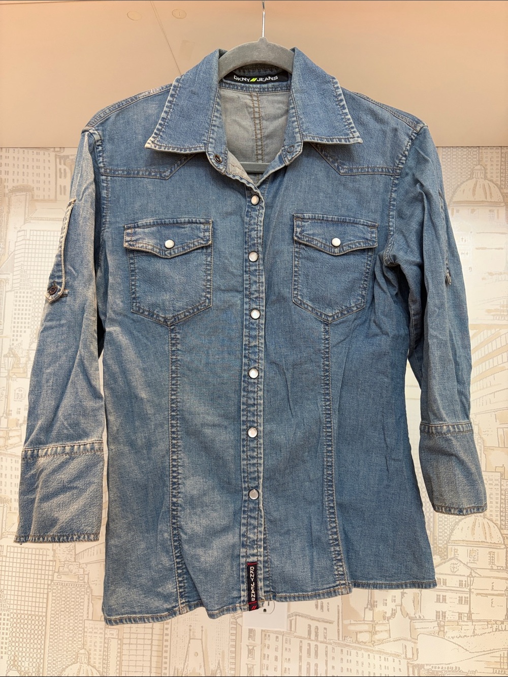 DKNY Size 4 Blue Denim Snap-Front Shirt with Logo Tab